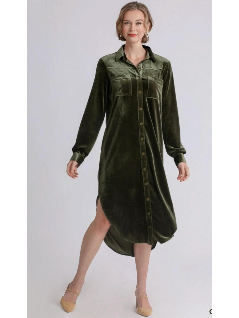 Umgee sz L olive green long sleeve button down velvet boho dress #3513